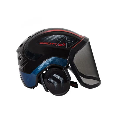 Black and blue Pfanner Protos helmet with red accents, ear protection, and mesh neck guard